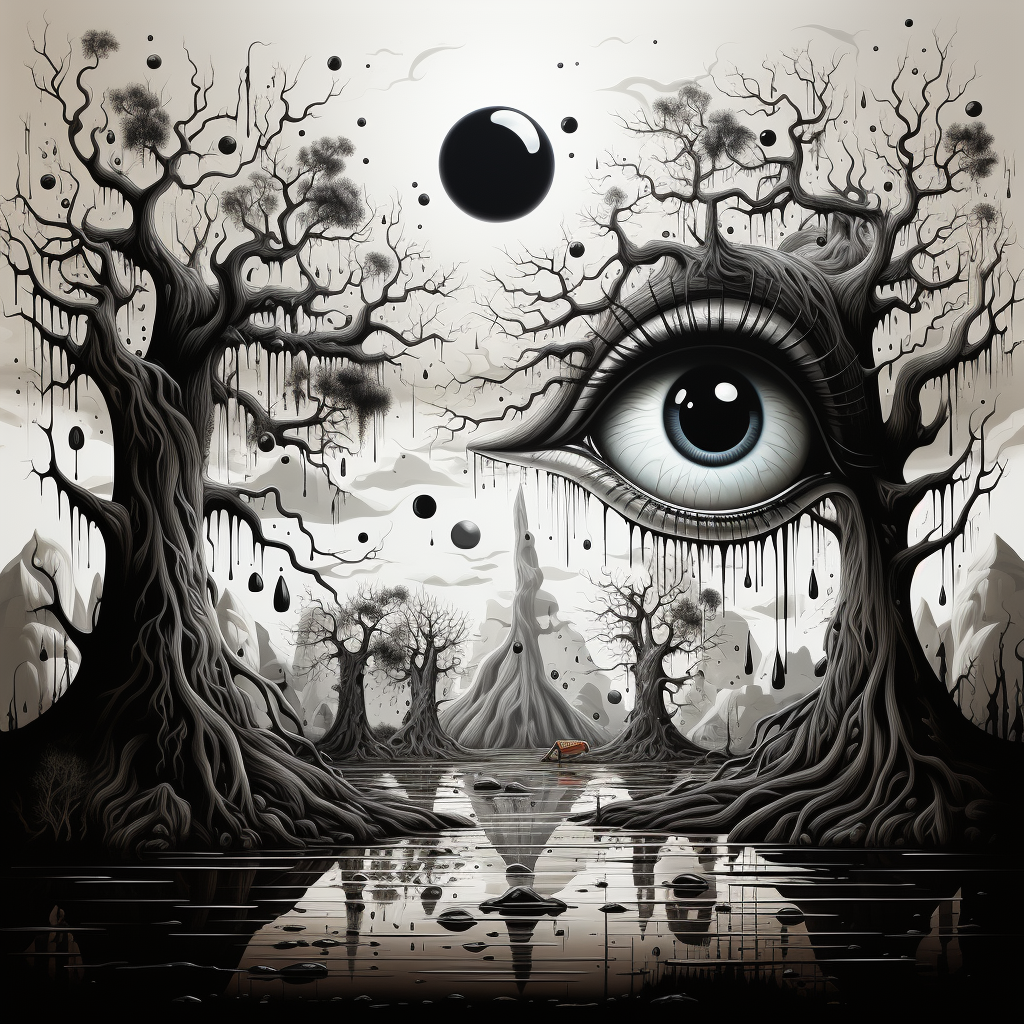 Black and white doodle drawings of eyeballs and trees