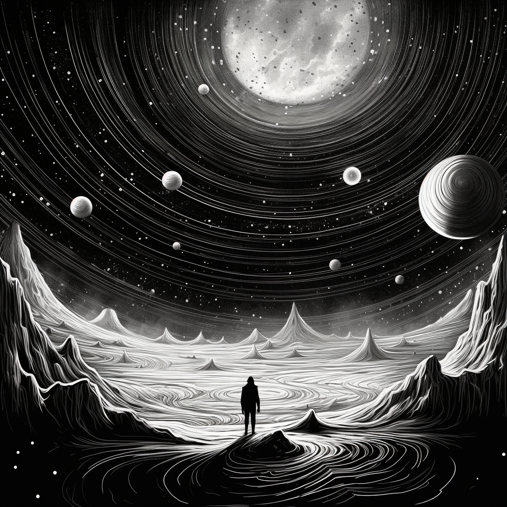 Black and white doodle standing, gazing at cosmic planet