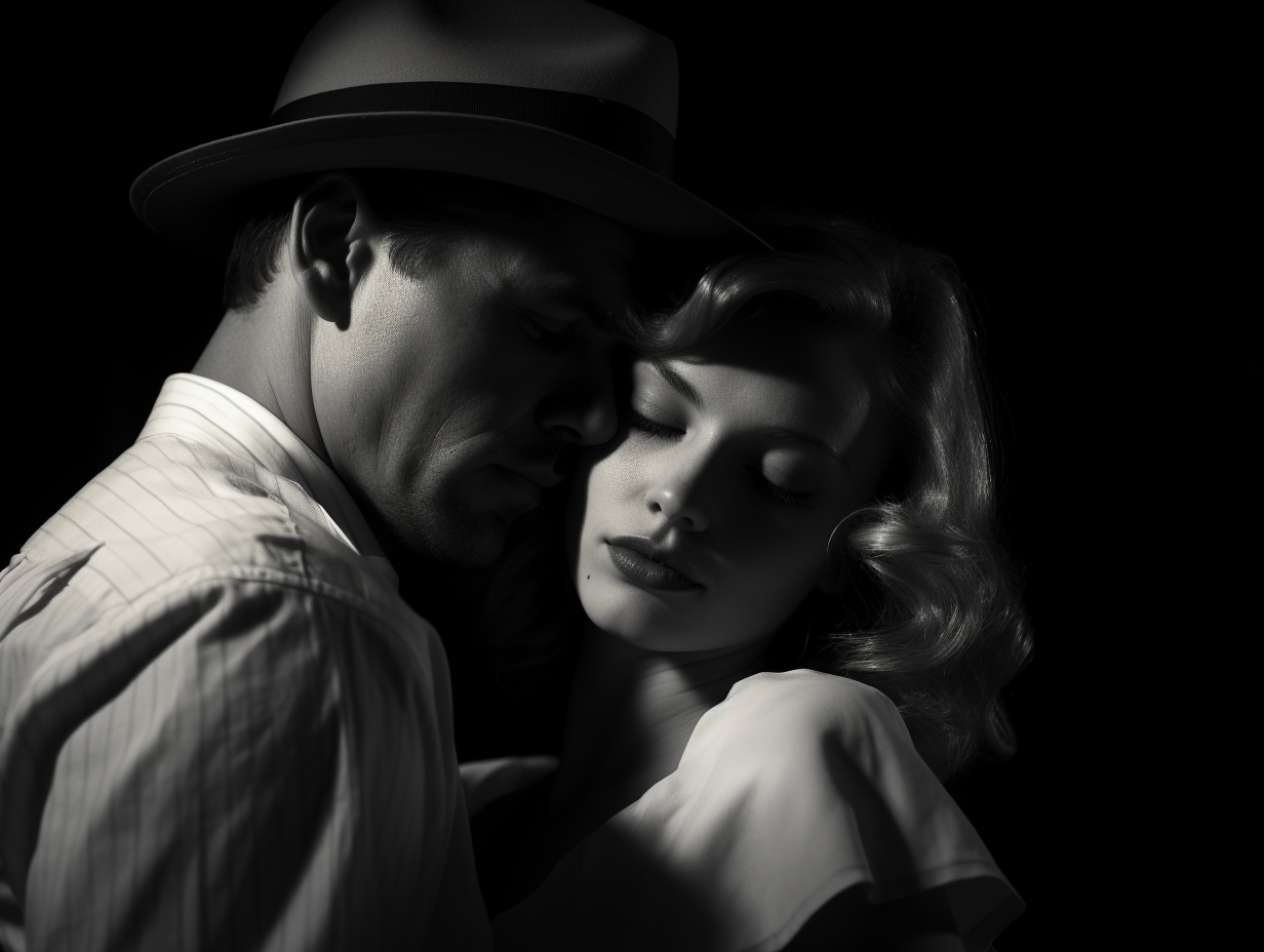 Film noir bad guy holds damsel