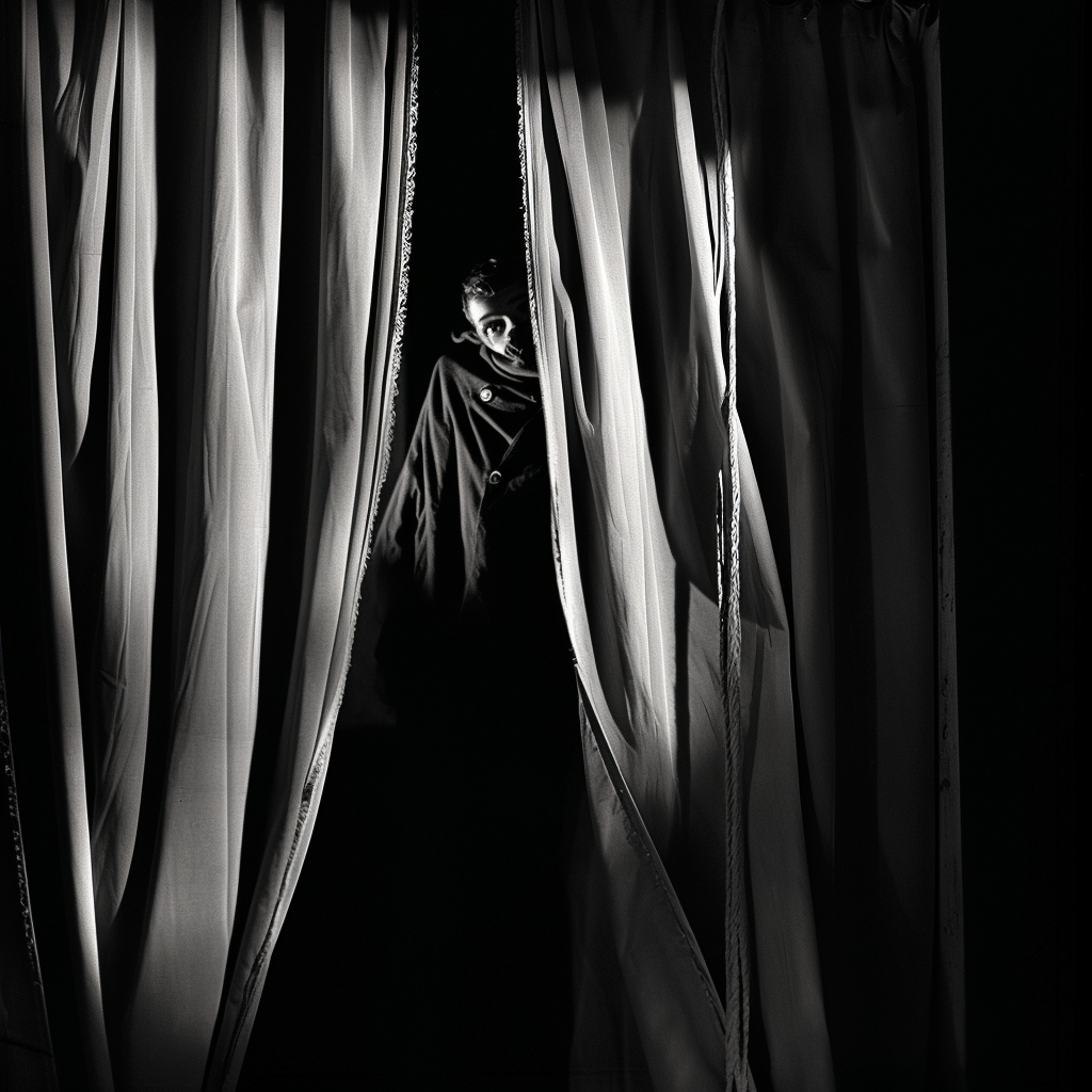 Person hiding behind curtain in film noir scene