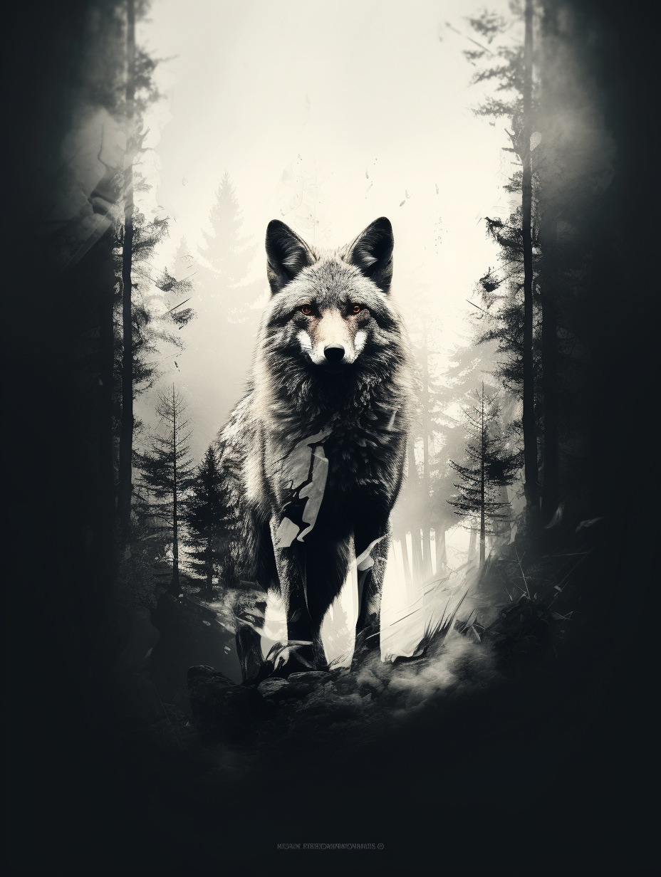 Artistic black and white fox in double exposure forest