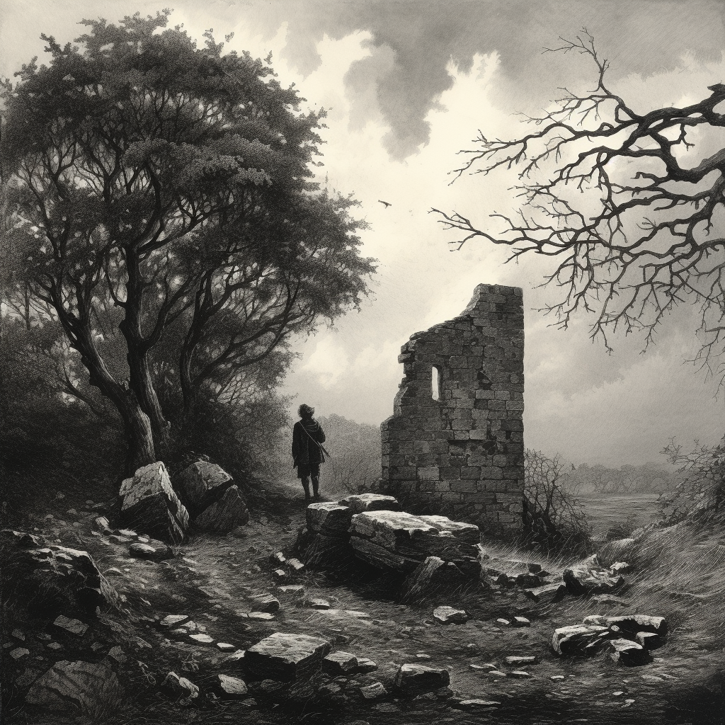 Scottish man looking at ruined house and trees