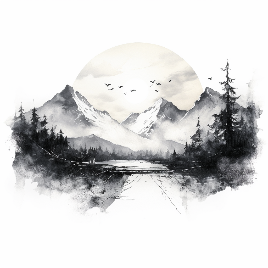 Beautiful black and white ink painting of mountains and sunrise