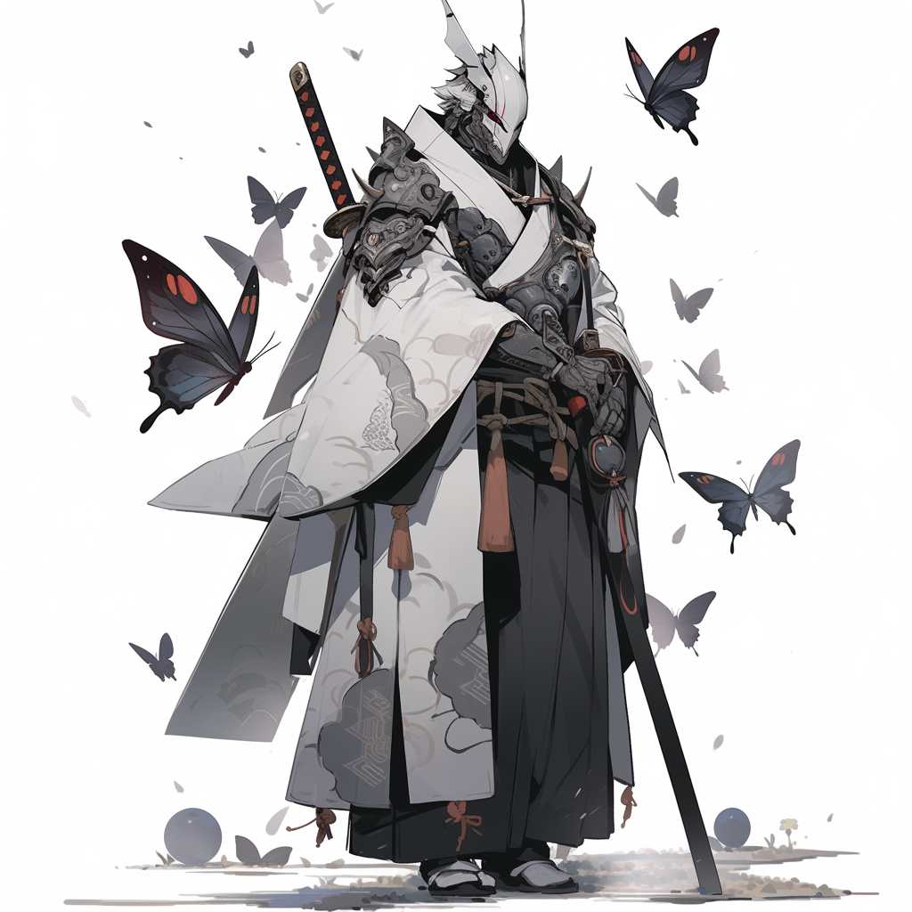 Sketch of black and white insect creature wearing modern samurai clothes