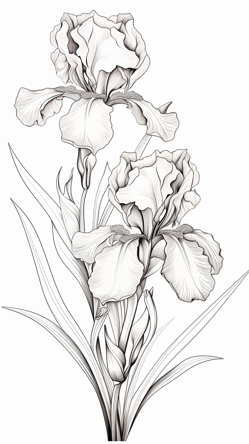 Detailed black and white line art of iris flowers