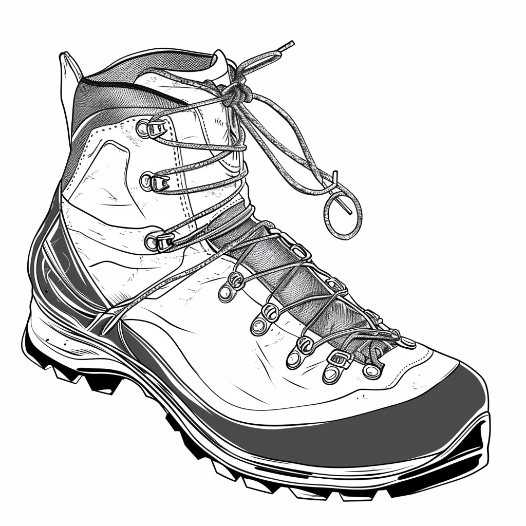 Descriptive ALT text:  Black and white line art of rock climbing shoe