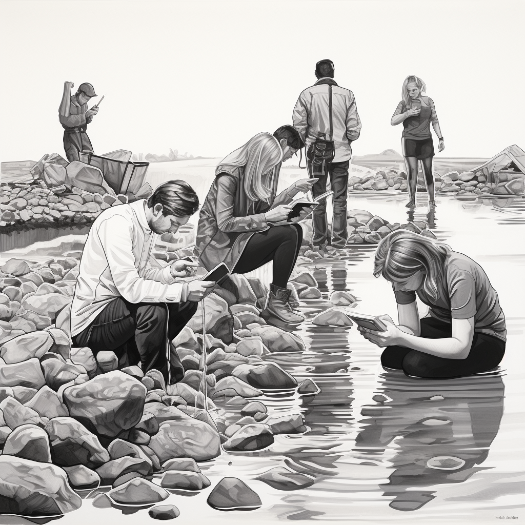 People panning for gold with smartphones