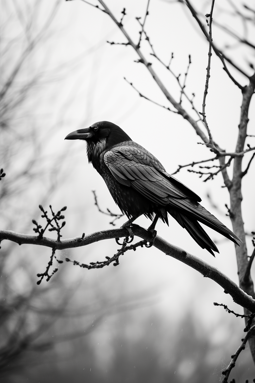 Black and white raven sitting on tree branch