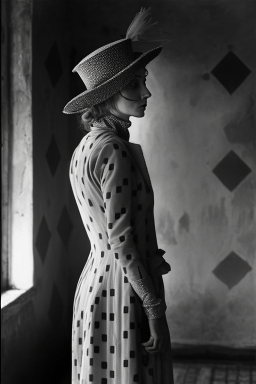 Woman wearing Harlequin costume in empty room