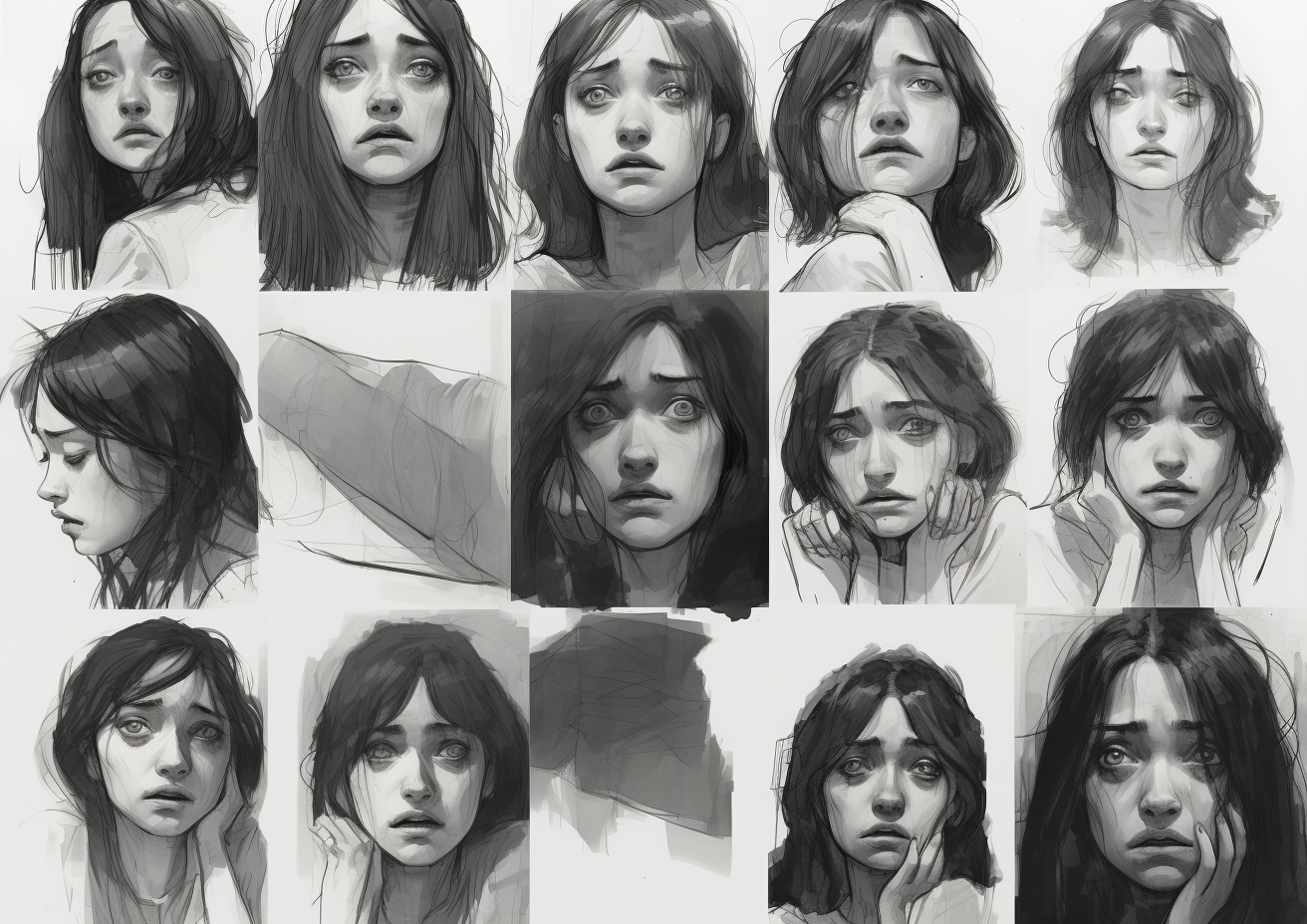 Black and white sketches of sad and anxious expressions