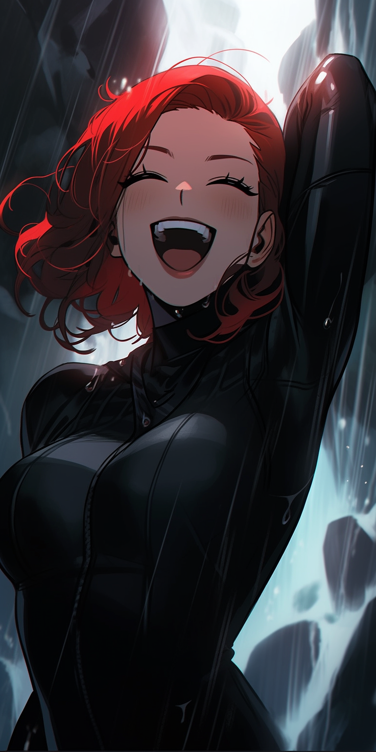 Soaking wet Black Widow vampire with fangs laughing