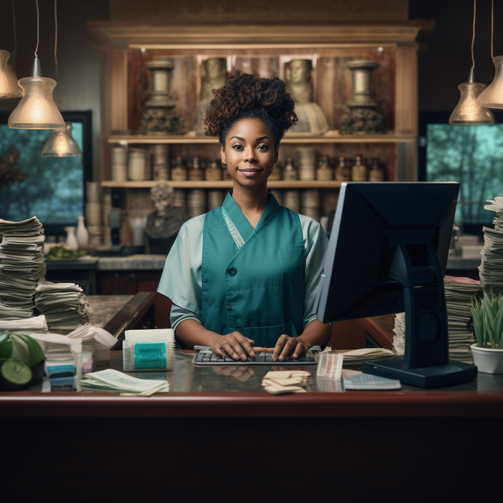 Black woman counting money at spa register