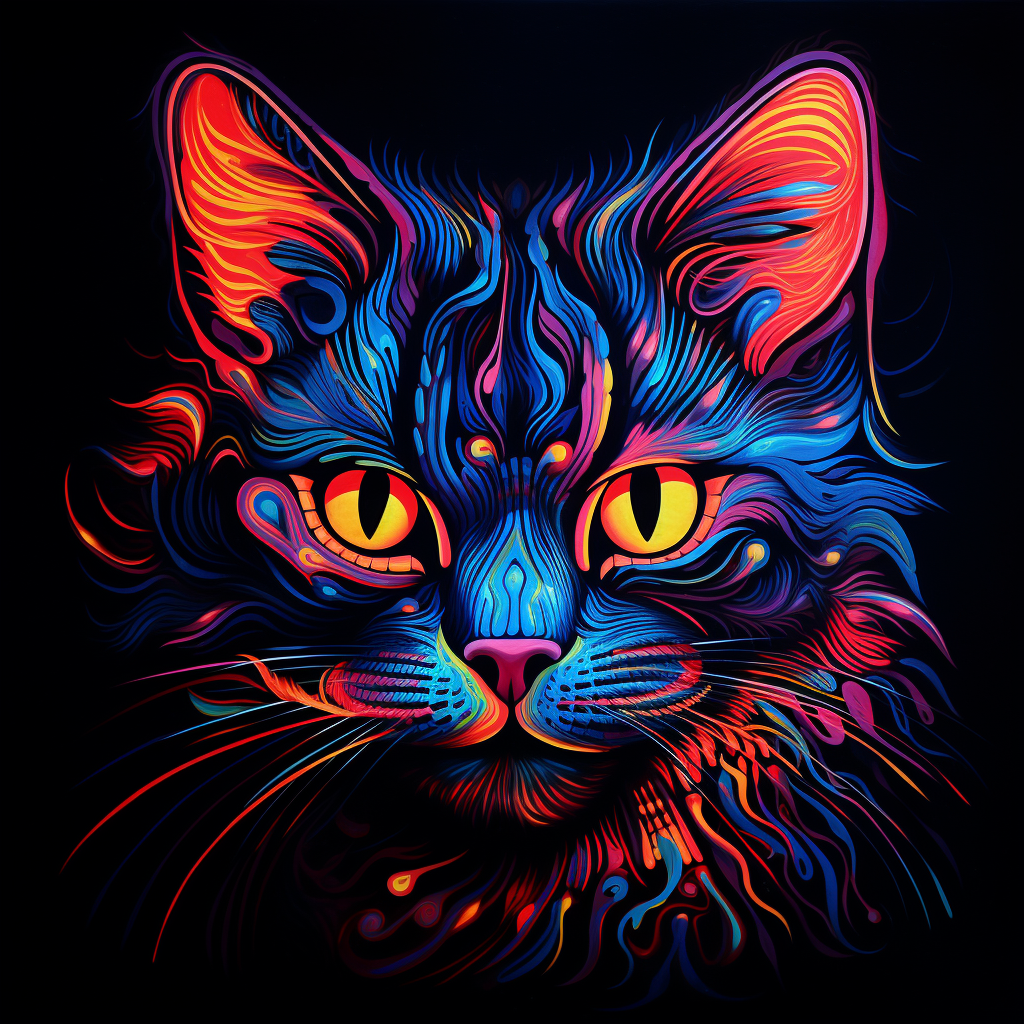 Vibrant blacklight cat artwork