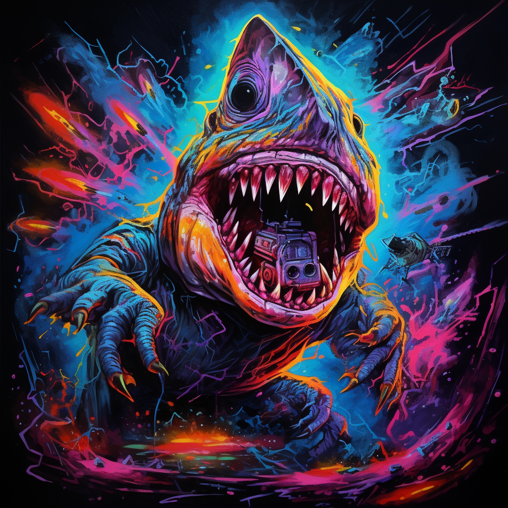 Shark with legs and hands in blacklight painting