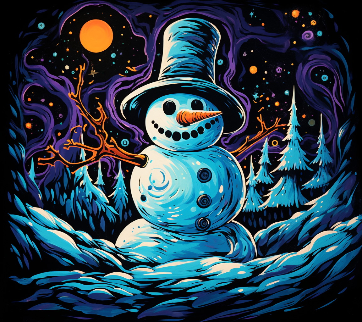 Colorful blacklight snowman in winter scene