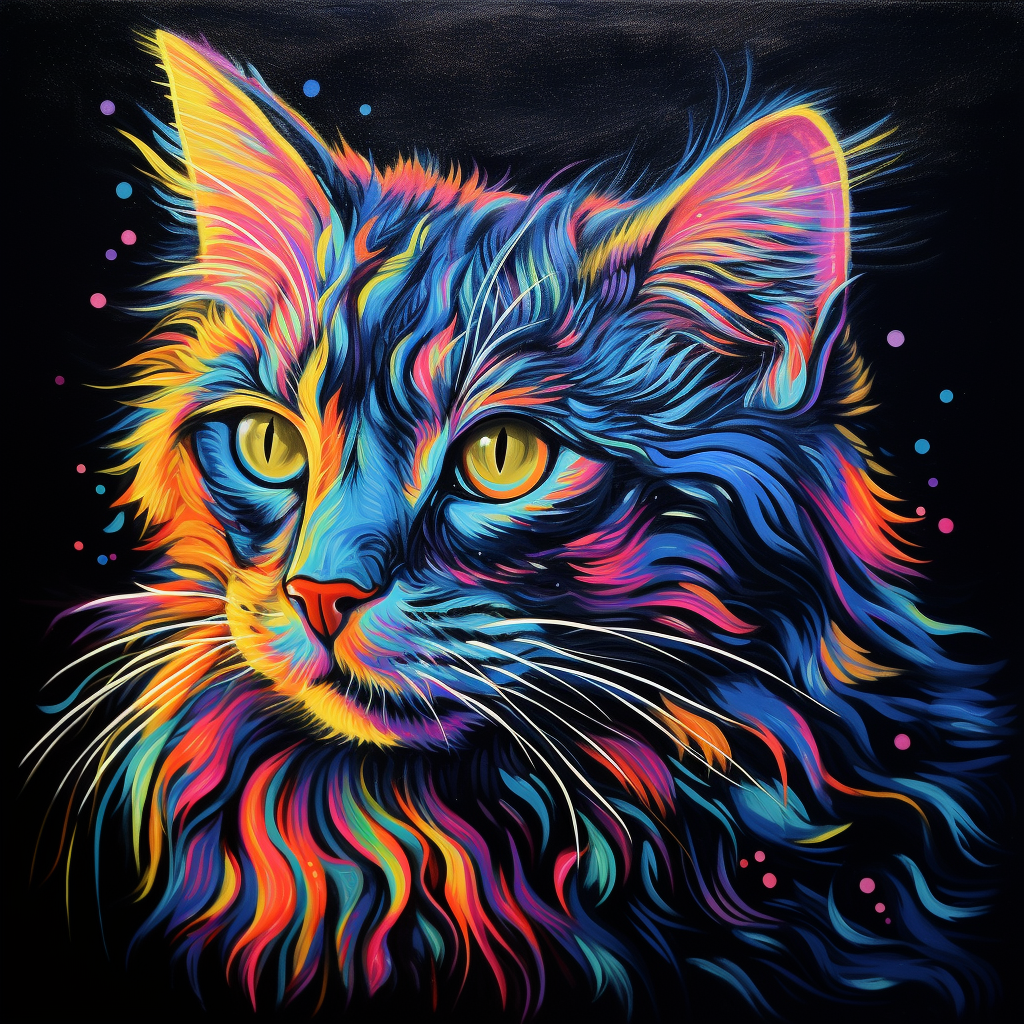 Glowing blacklight painting of a cat