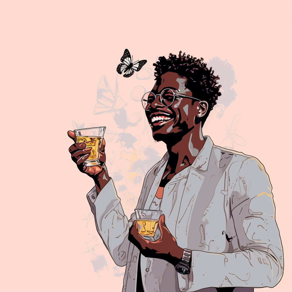 Laughing Black Man with Butterfly Wings and Glass of Water