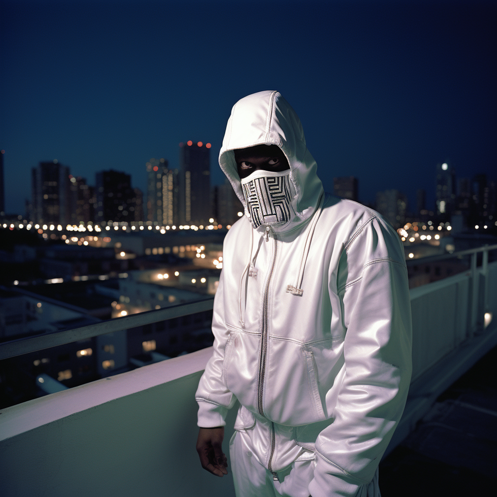 Black man wearing Japanese warrior mask on rooftop