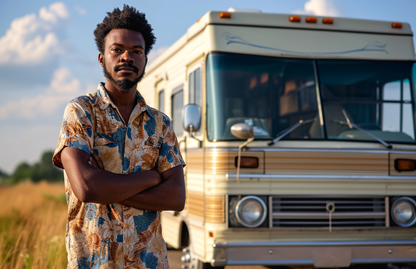 Young Black Man Standing in Front of 1970s RV