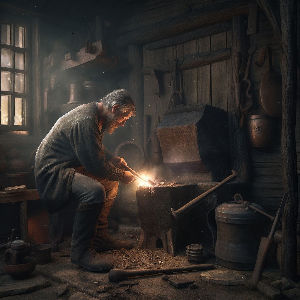 Blacksmith hammering anvil with precision