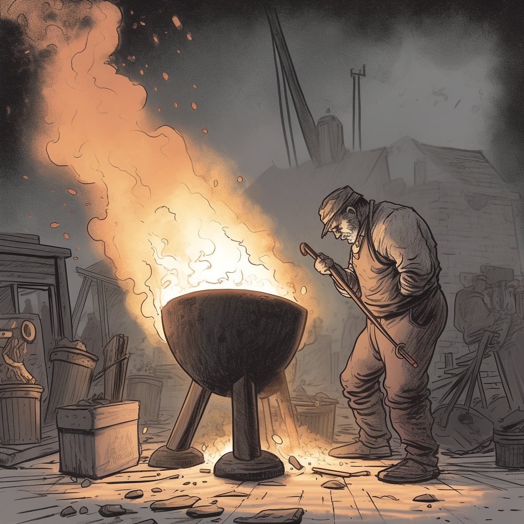 Dirty blacksmith hammering steel speech bubble on an anvil