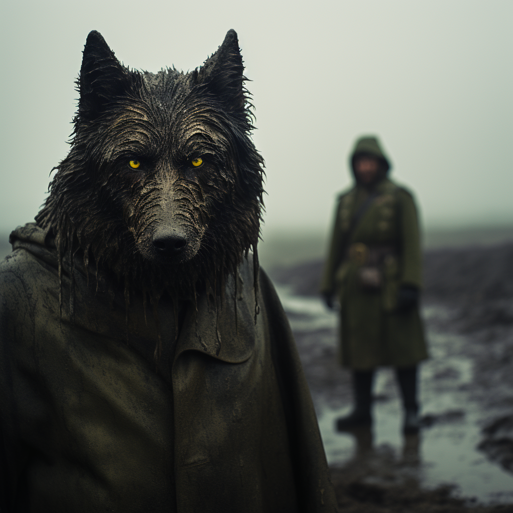 Glowing eyed black wolf overlooking a World War One soldier