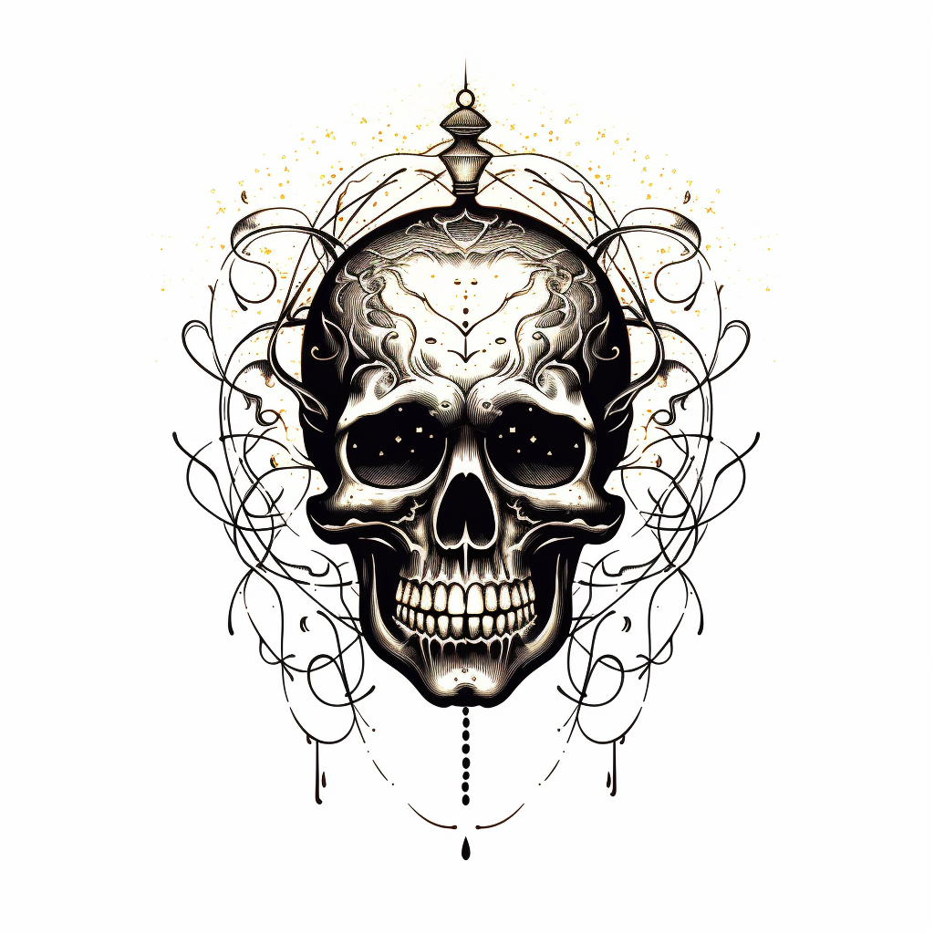 Artistic blackwork-style floating skull with voodoo ornaments and glow