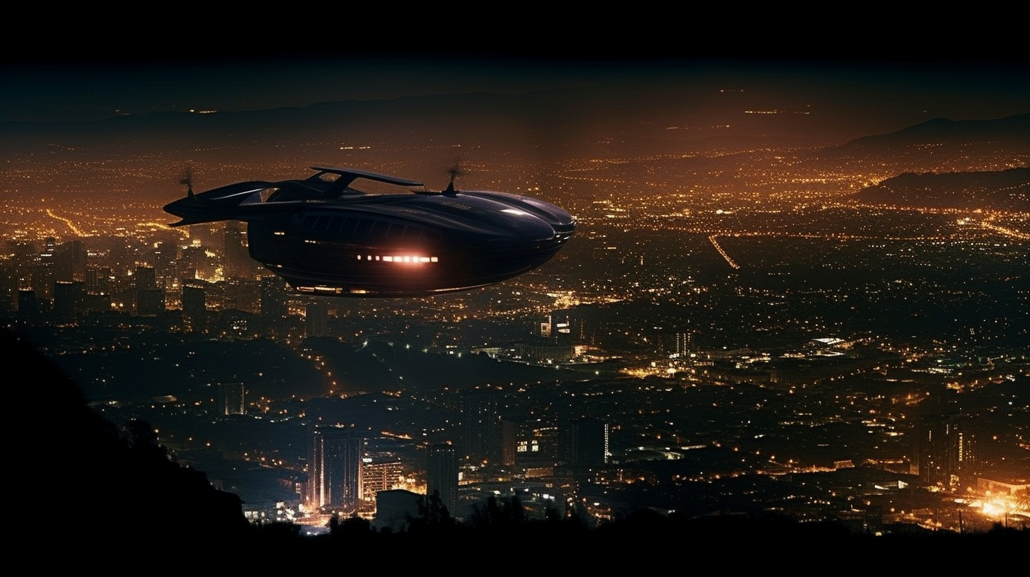 Blade Runner Car Flying over Dark Los Angeles