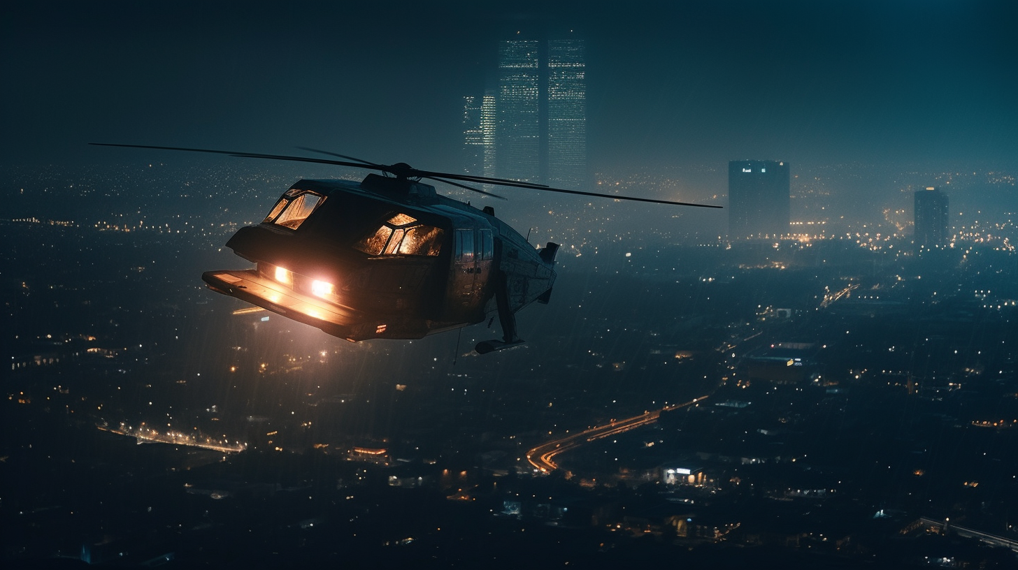 Flying car over Los Angeles at night