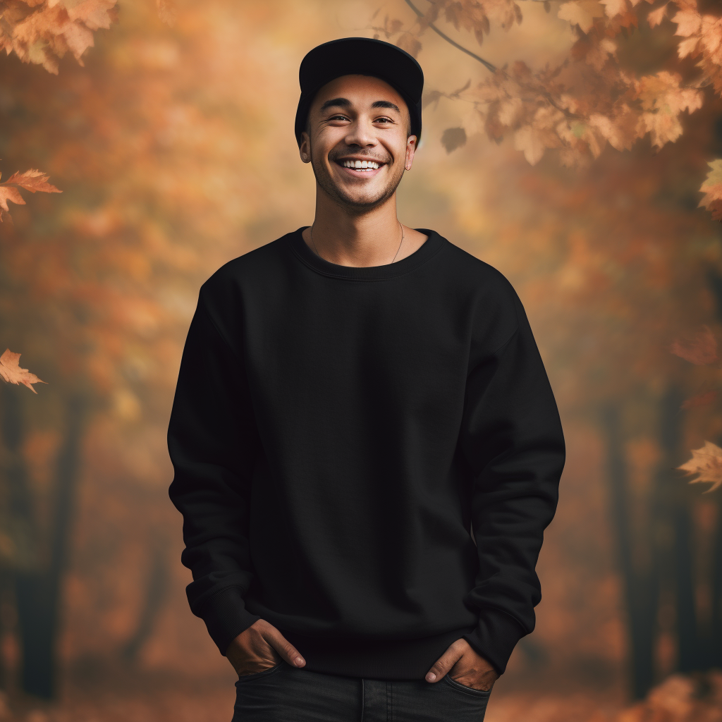 Young man wearing blank black crewneck sweatshirt