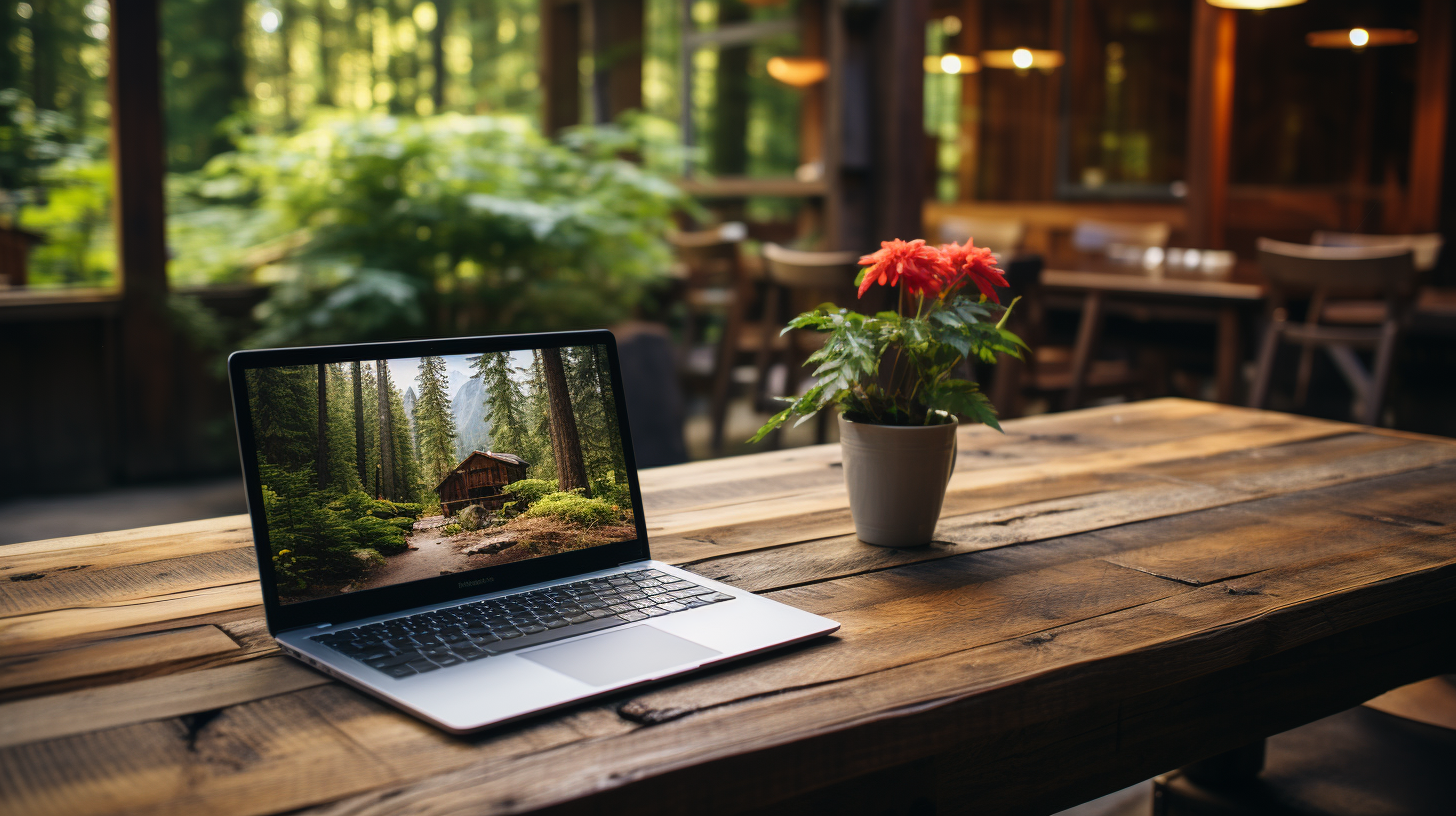 Blank laptop on wooden table in Pacific Northwest forest