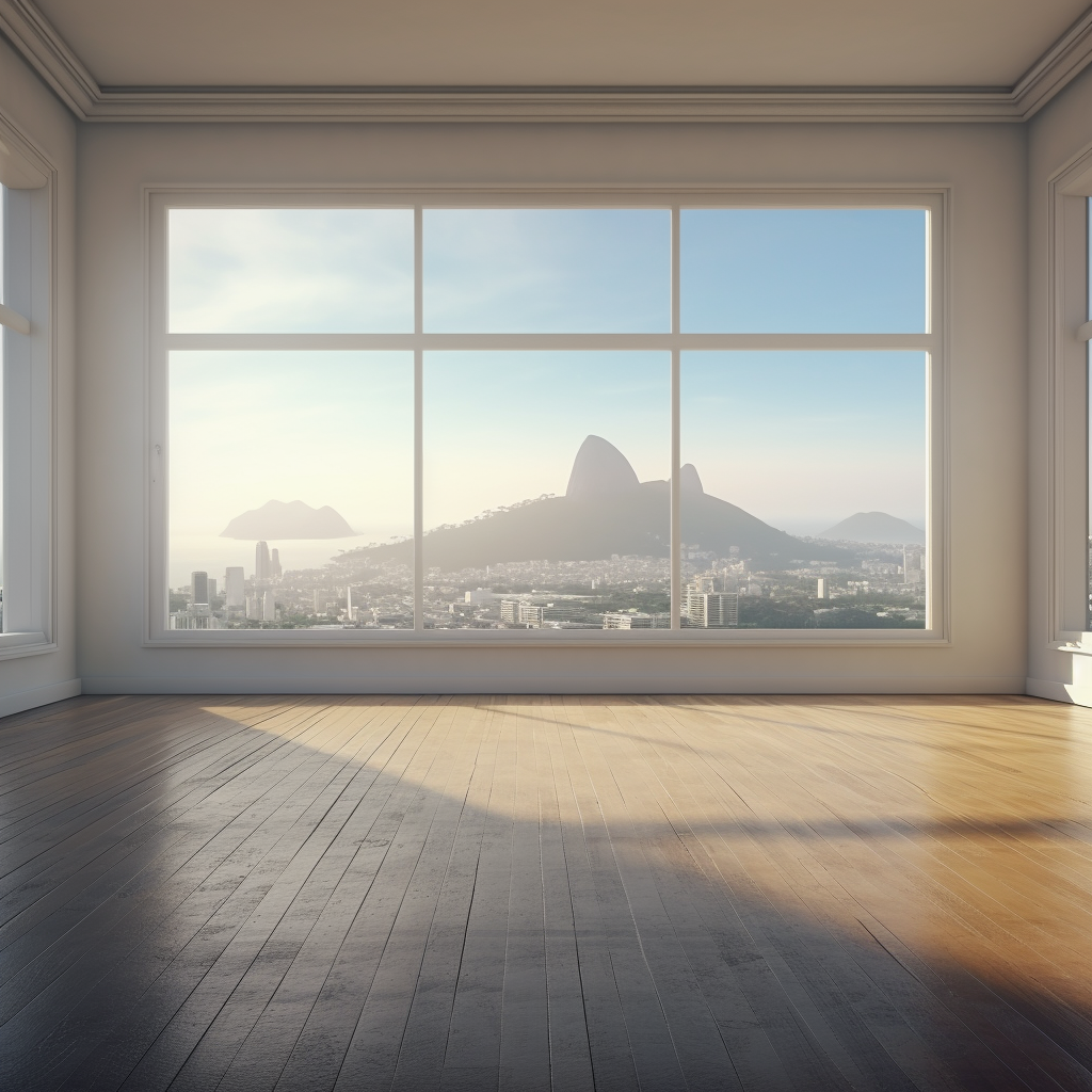 Spacious blank living room with a diagonal window