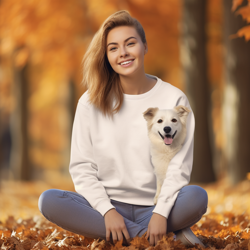 Happy woman in blank white crewneck sweatshirt