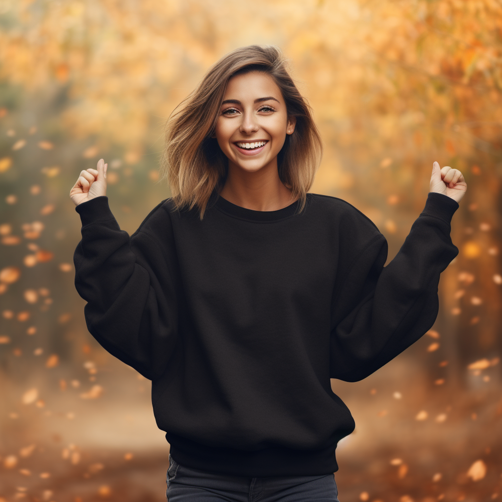 Happy Young Woman in Blank Black Crewneck Sweatshirt