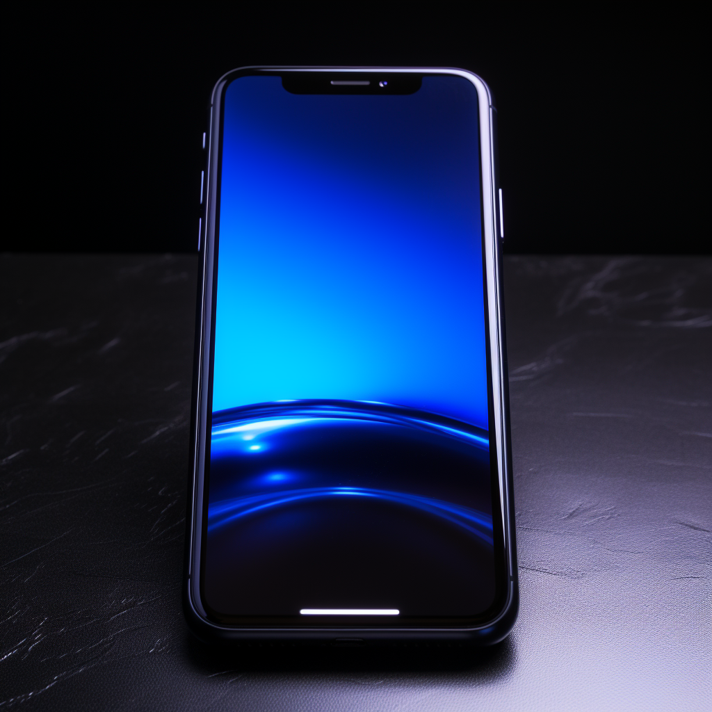 Close-up of sleek black iPhone with blue light