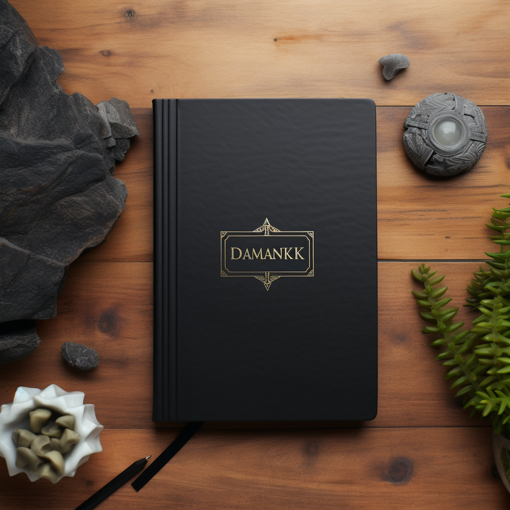 Blank black matte hardcover journal on DnD themed desk