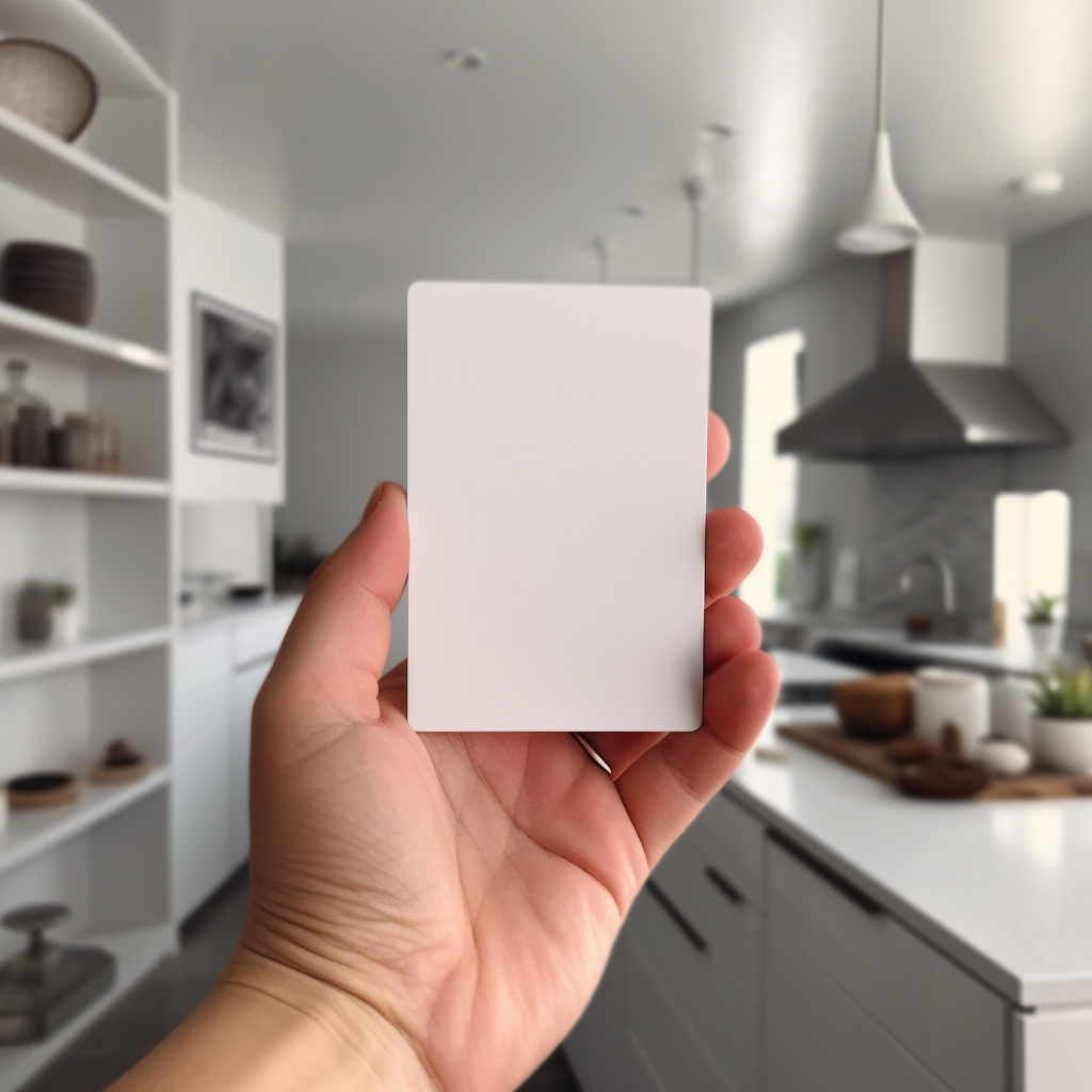 Close-up of blank card on white counter