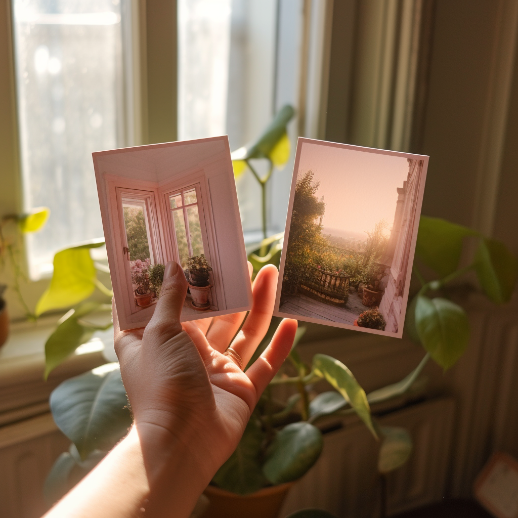 Woman holding blank cards in cozy home