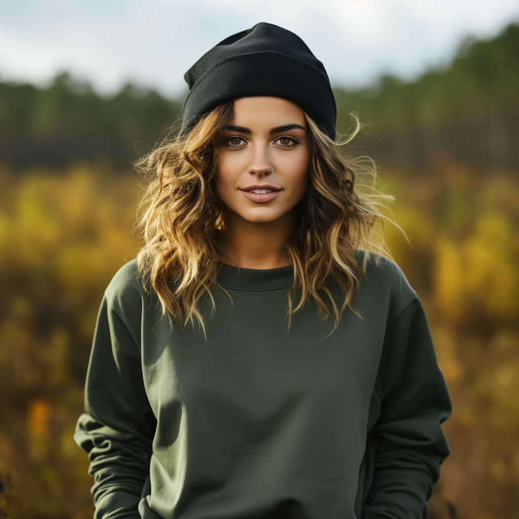 Woman wearing blank forest green sweater in fall field