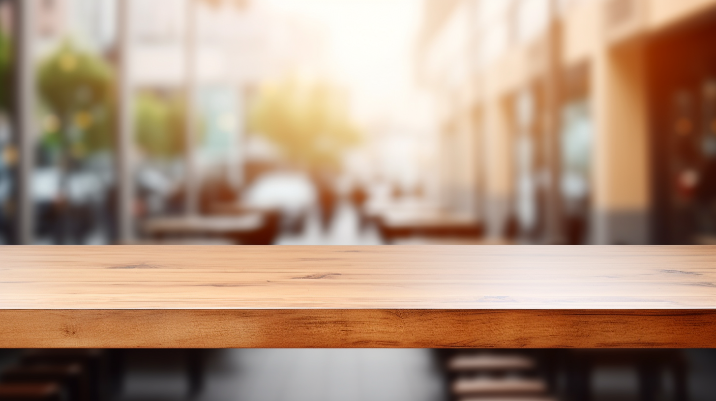 Wooden Desk with Cafeteria Background