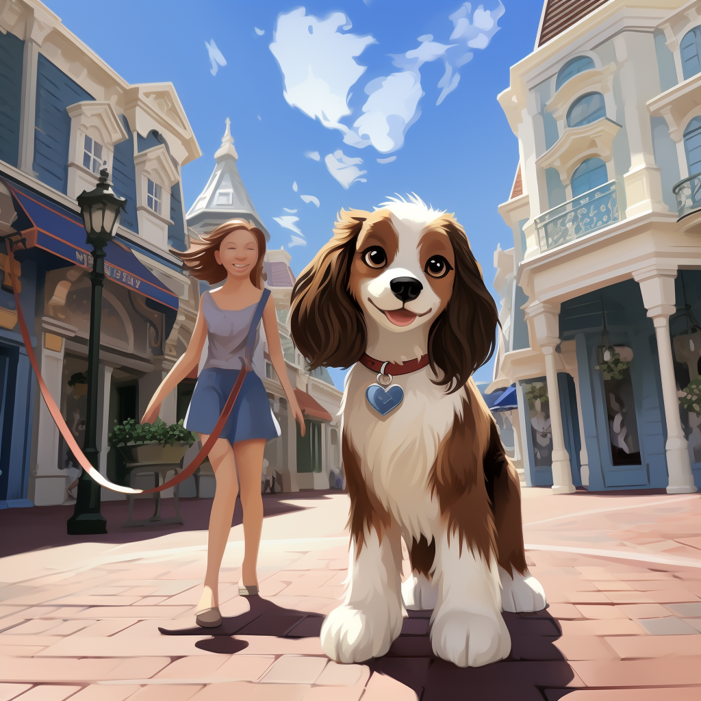 Blenheim Cavalier walking with brunette woman at Disney