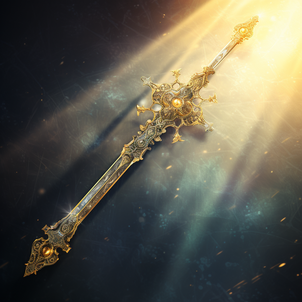 Free floating sword glowing with morning light