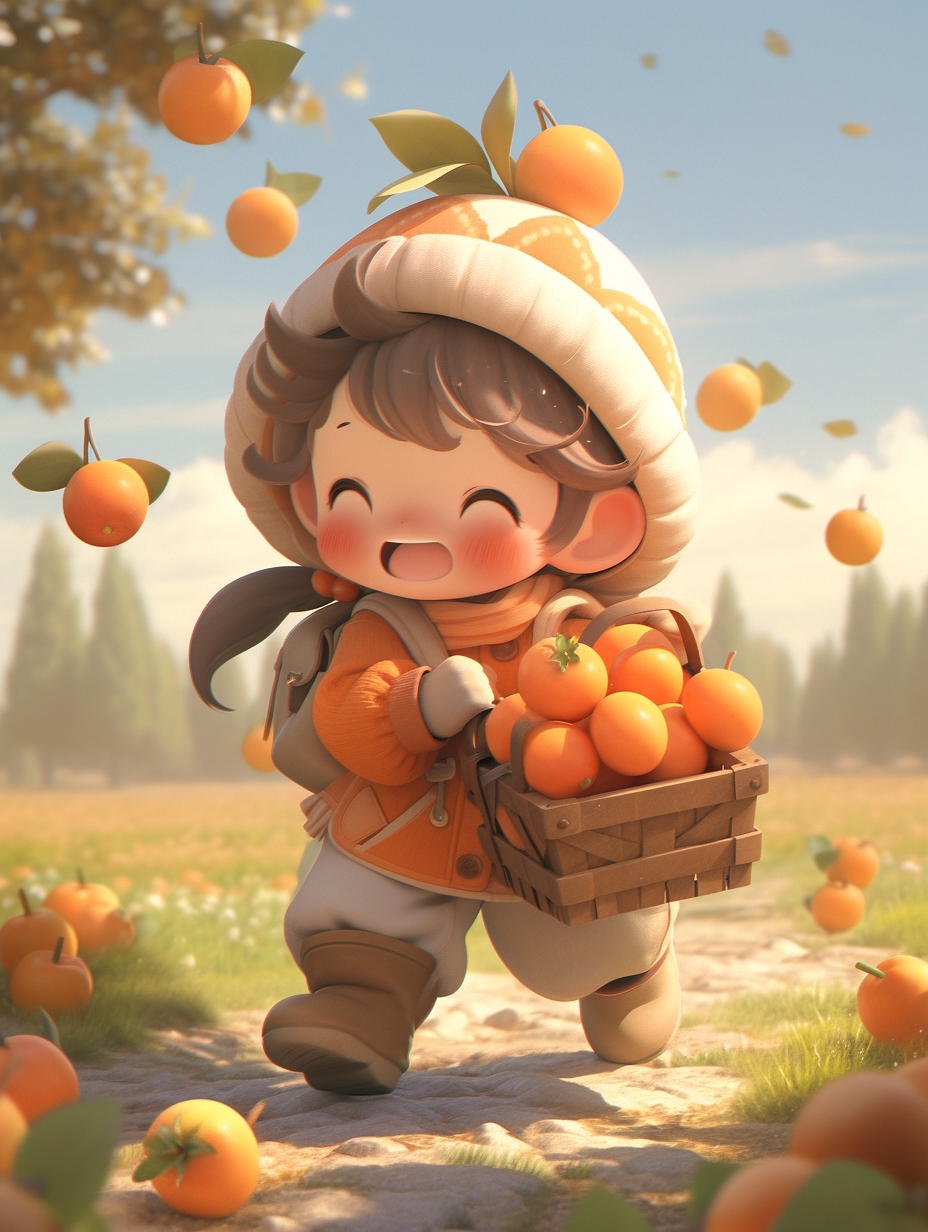 Chibi character with trees and oranges