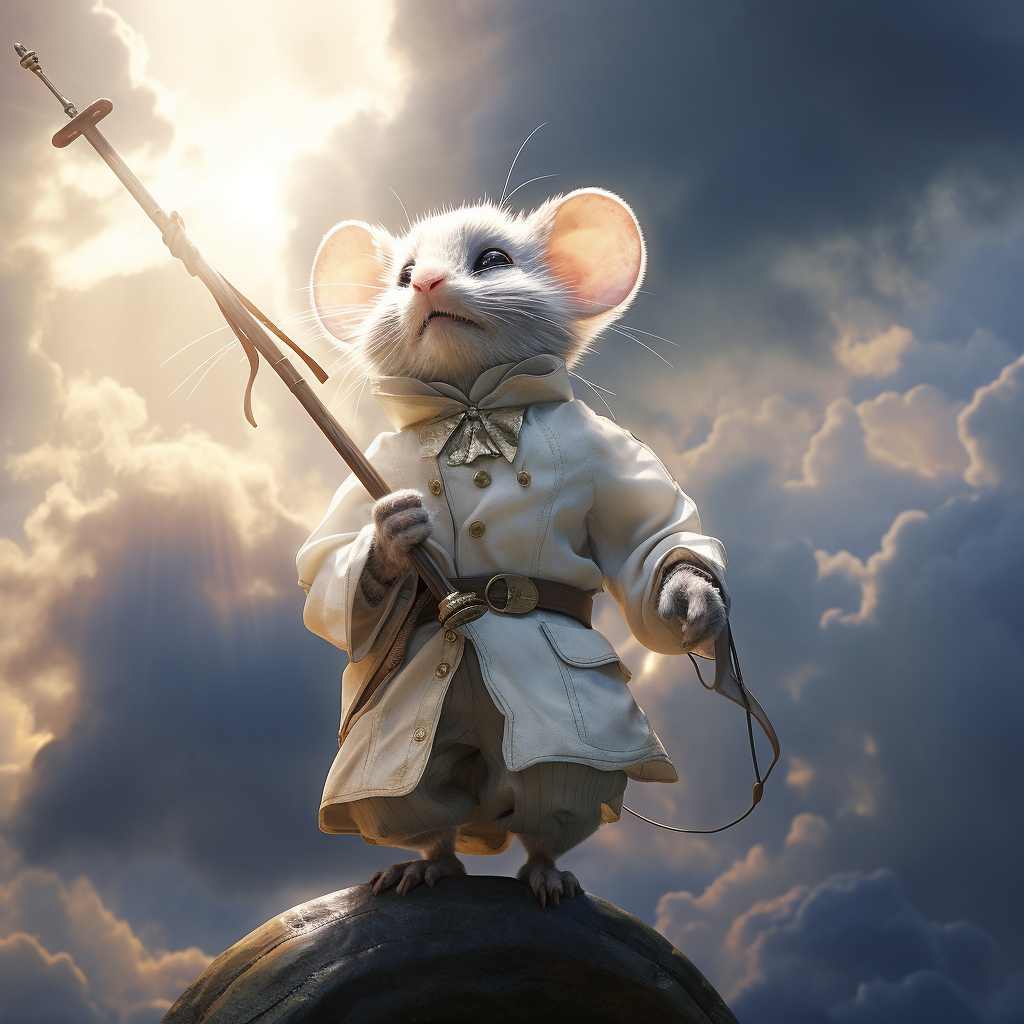 Adorable blind white mouse in Disney style