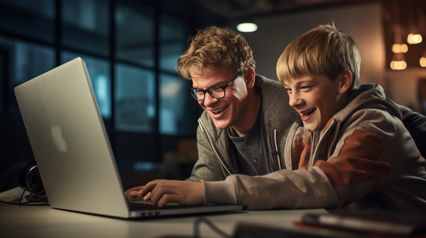 Blind young people using laptop happily