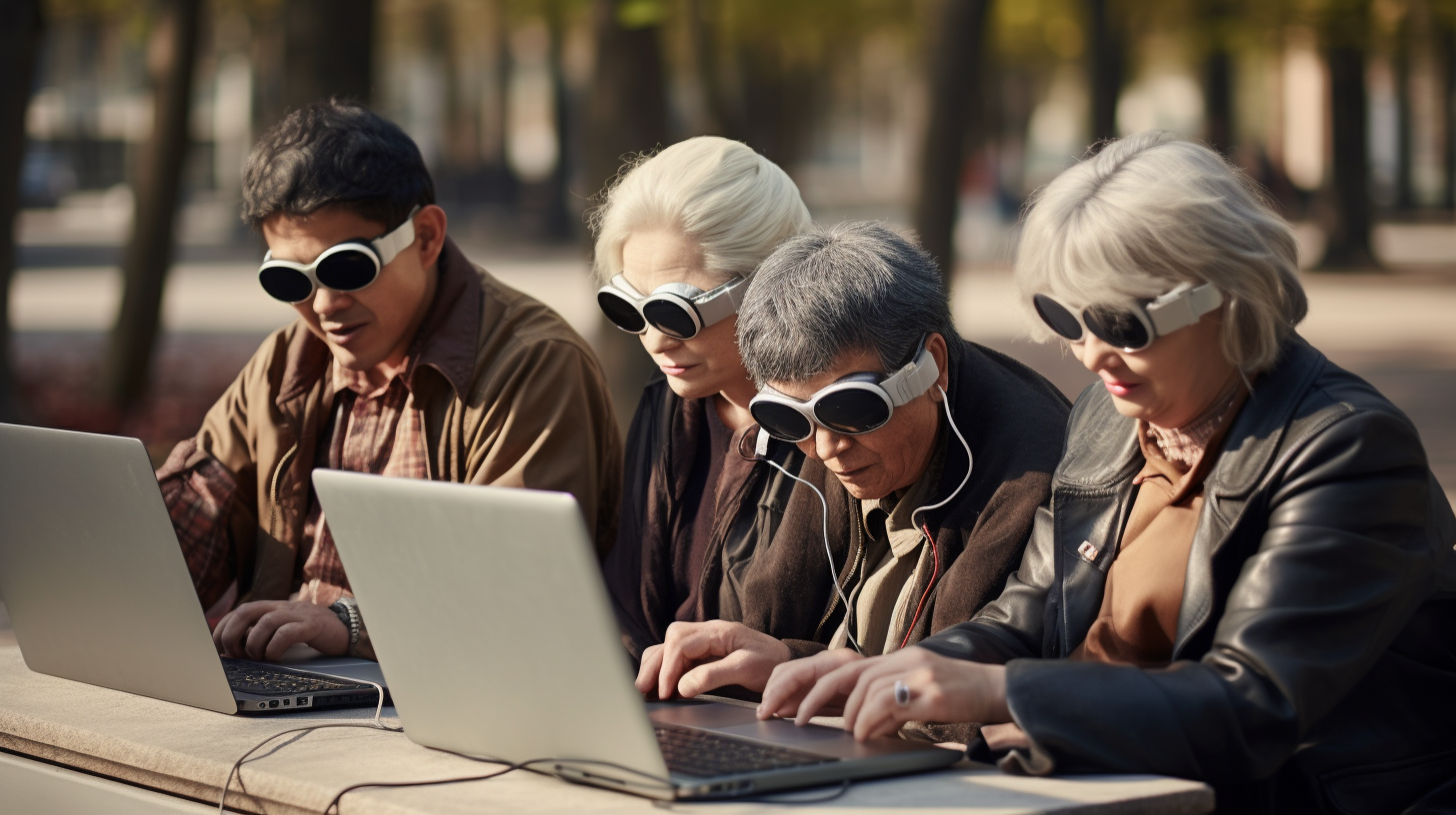 Happy visually impaired people working on laptop