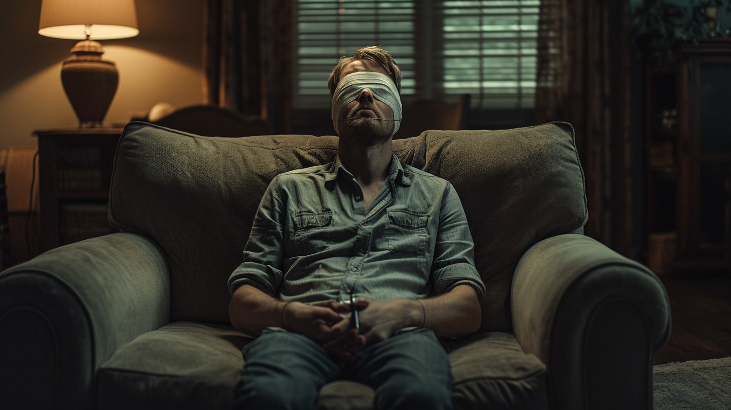 Blindfolded blonde man in dark living room