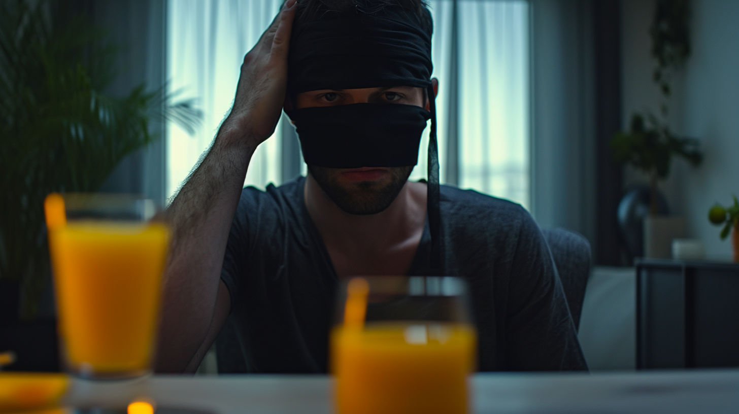 Man blindfolded with orange juice on table