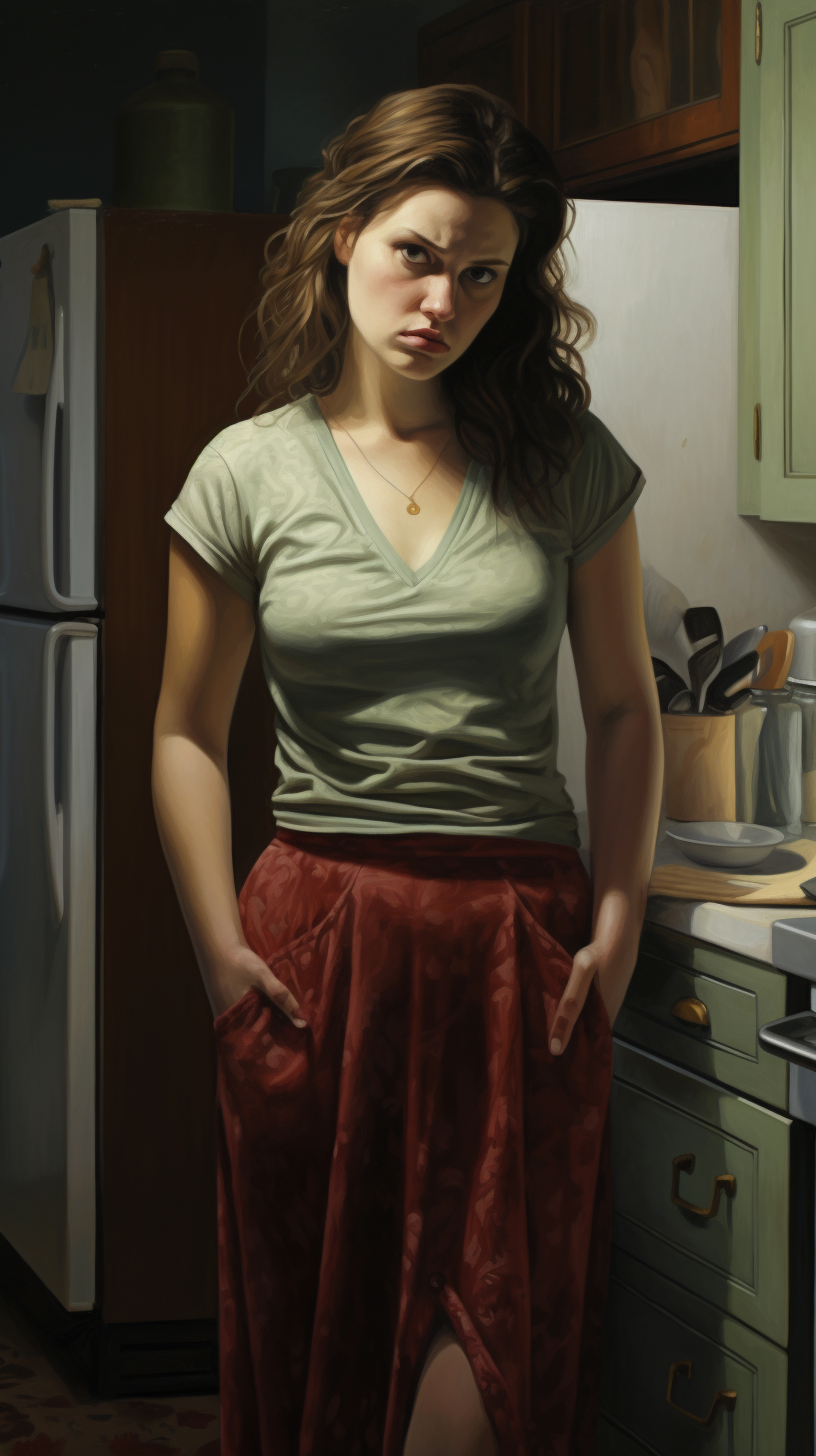 Woman with Bloated Stomach in Kitchen