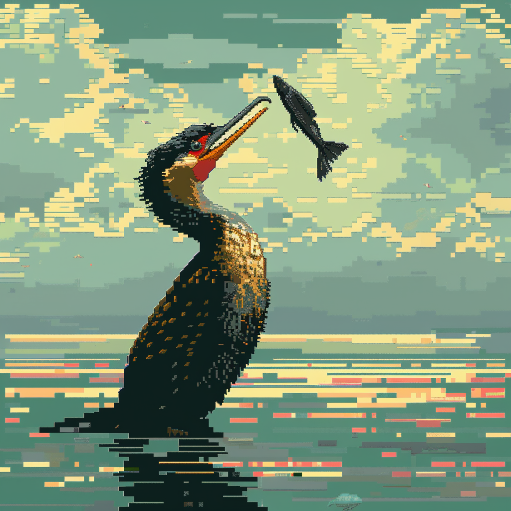 pixel art cormorant fishing fish